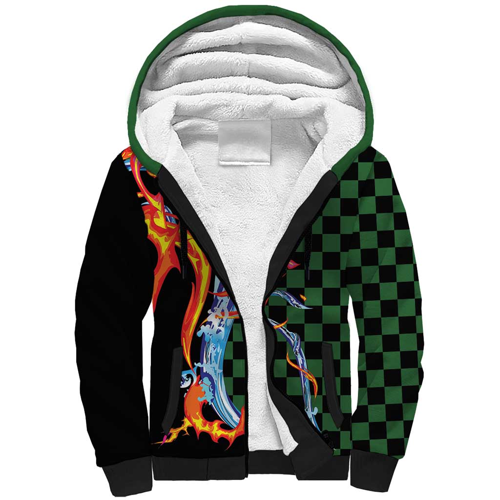 Japanese Asanoha Pattern Sherpa Hoodie Sun Flame Slayer Dragon Hinokami Kagura Spirit - Wonder Print Shop