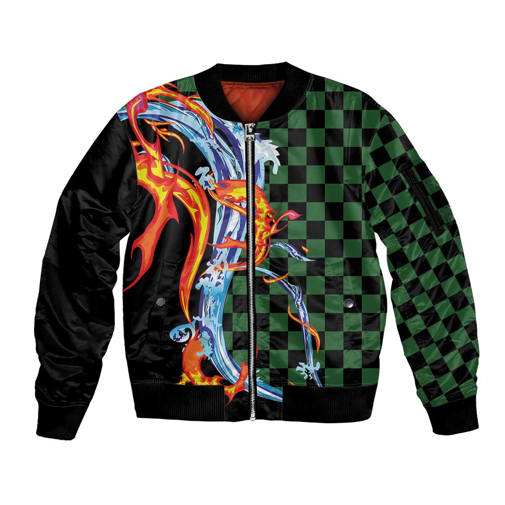 Japanese Asanoha Pattern Sleeve Zip Bomber Jacket Sun Flame Slayer Dragon Hinokami Kagura Spirit - Wonder Print Shop