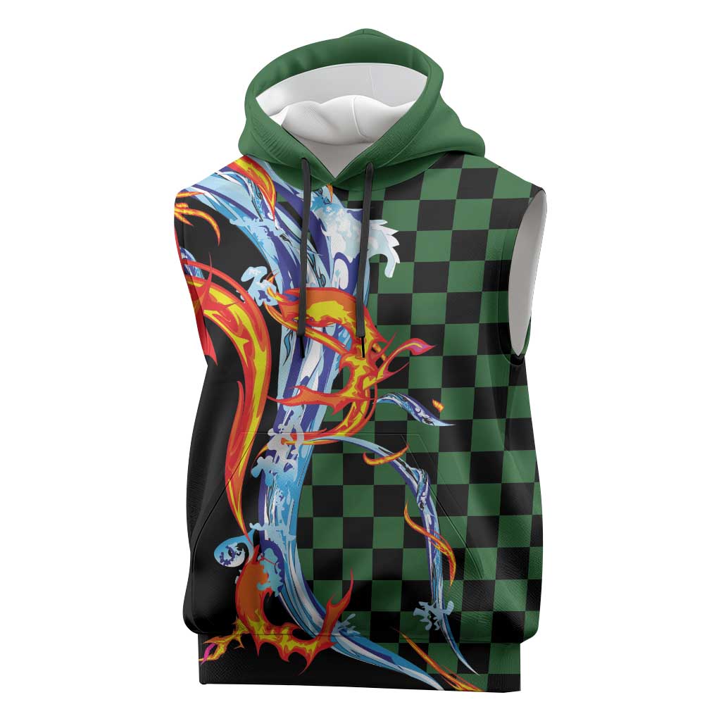 Japanese Asanoha Pattern Sleeveless Hoodie Sun Flame Slayer Dragon Hinokami Kagura Spirit - Wonder Print Shop
