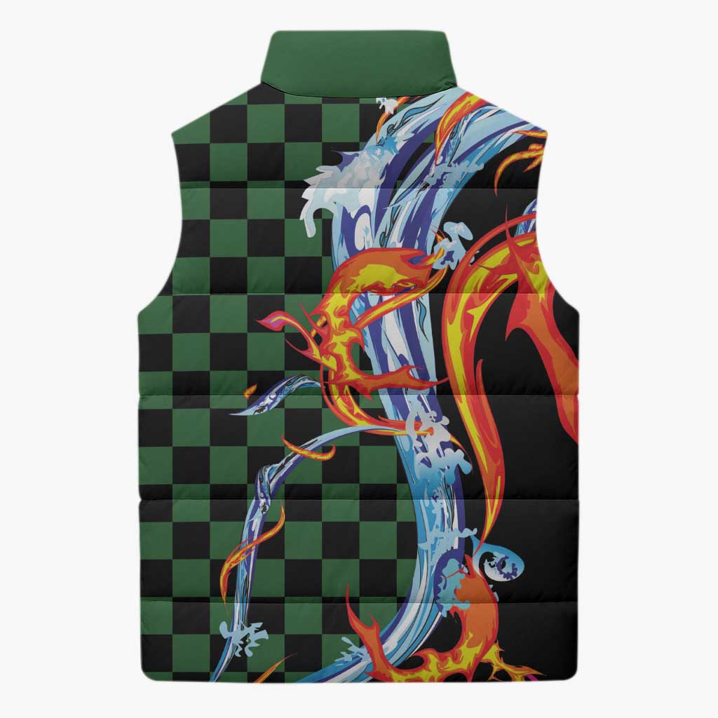 Japanese Asanoha Pattern Sleeveless Puffer Jacket Sun Flame Slayer Dragon Hinokami Kagura Spirit - Wonder Print Shop