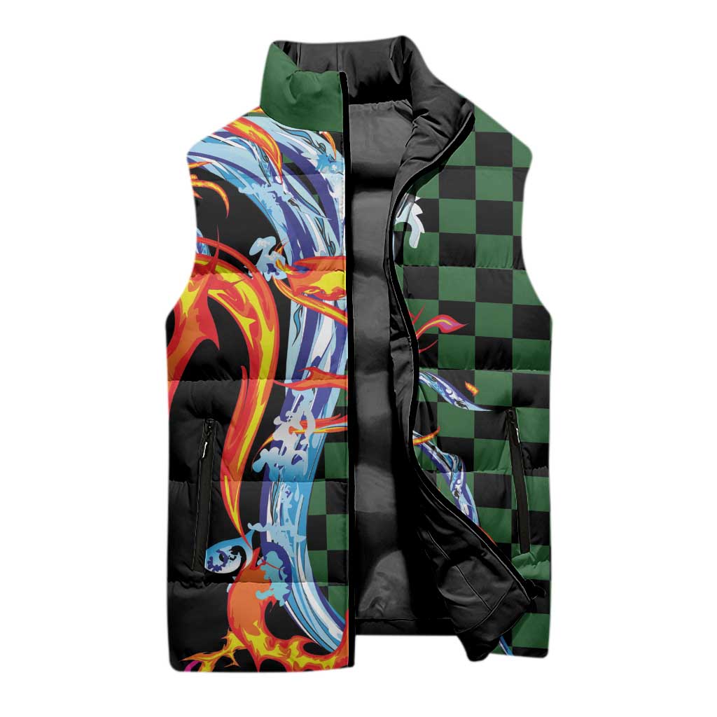 Japanese Asanoha Pattern Sleeveless Puffer Jacket Sun Flame Slayer Dragon Hinokami Kagura Spirit - Wonder Print Shop
