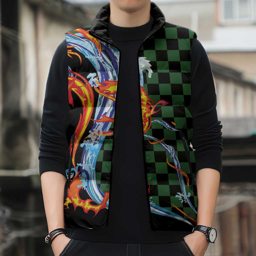 Japanese Asanoha Pattern Sleeveless Puffer Jacket Sun Flame Slayer Dragon Hinokami Kagura Spirit - Wonder Print Shop