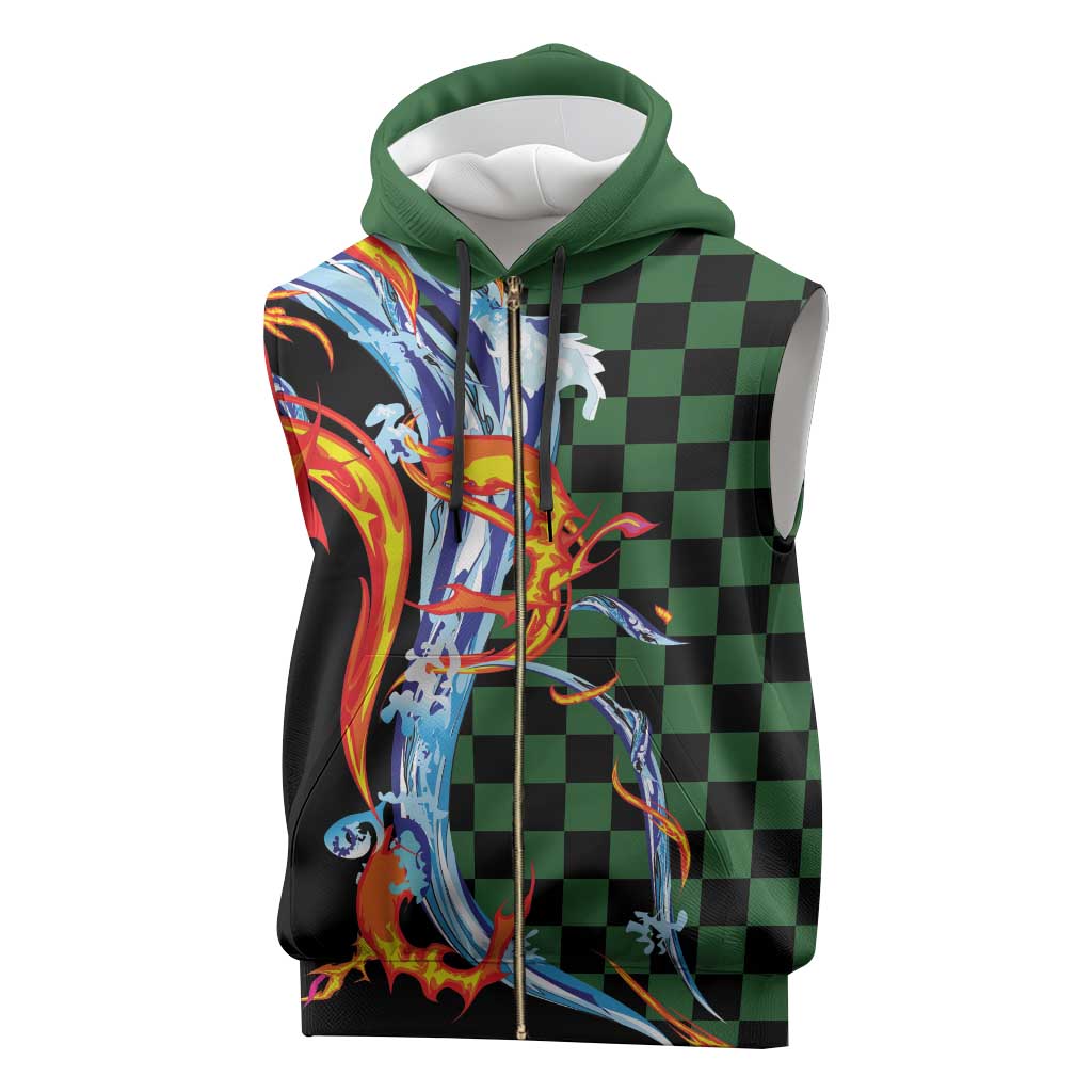 Japanese Asanoha Pattern Sleeveless Zip Hoodie Sun Flame Slayer Dragon Hinokami Kagura Spirit - Wonder Print Shop