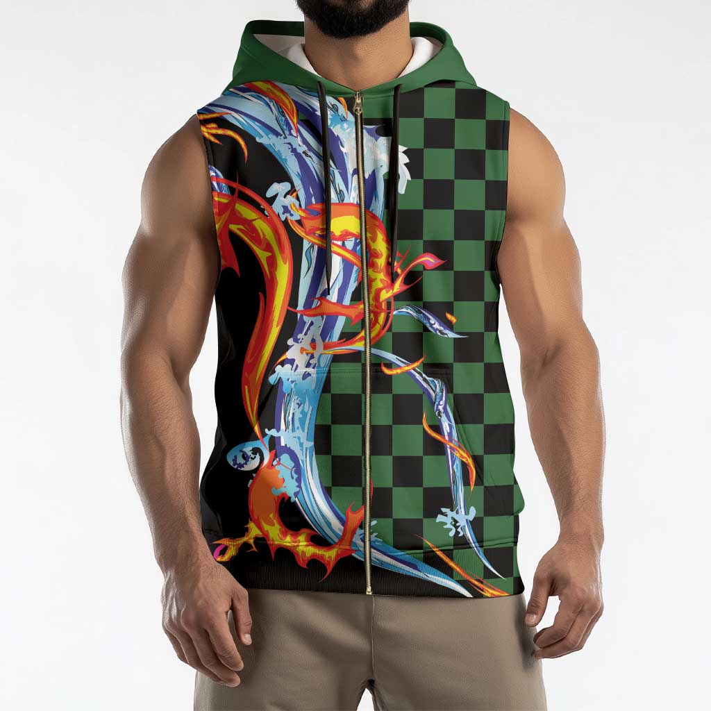 Japanese Asanoha Pattern Sleeveless Zip Hoodie Sun Flame Slayer Dragon Hinokami Kagura Spirit - Wonder Print Shop