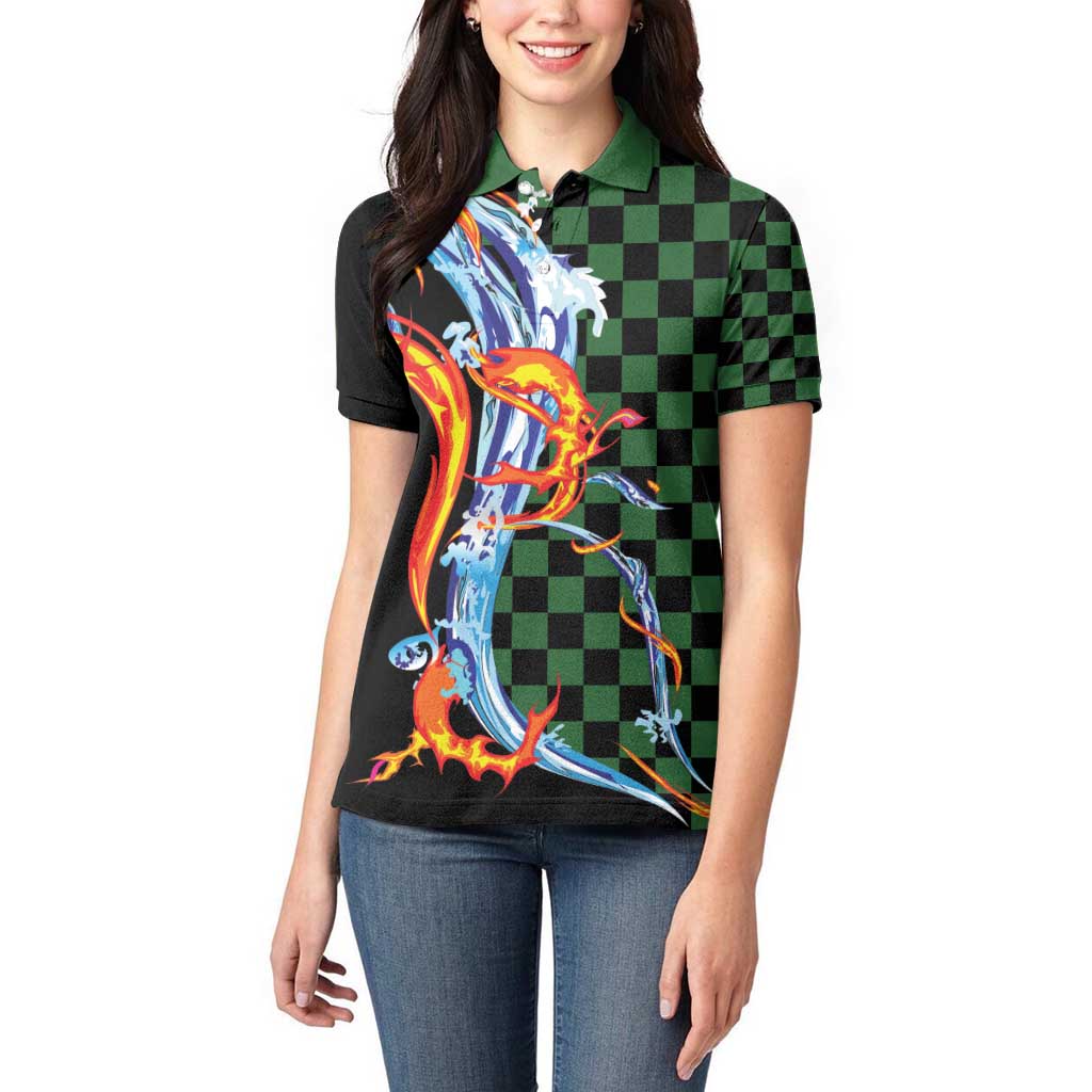 Japanese Asanoha Pattern Women Polo Shirt Sun Flame Slayer Dragon Hinokami Kagura Spirit - Wonder Print Shop