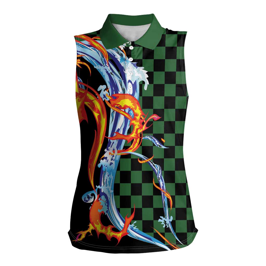 Japanese Asanoha Pattern Women Sleeveless Polo Shirt Sun Flame Slayer Dragon Hinokami Kagura Spirit - Wonder Print Shop