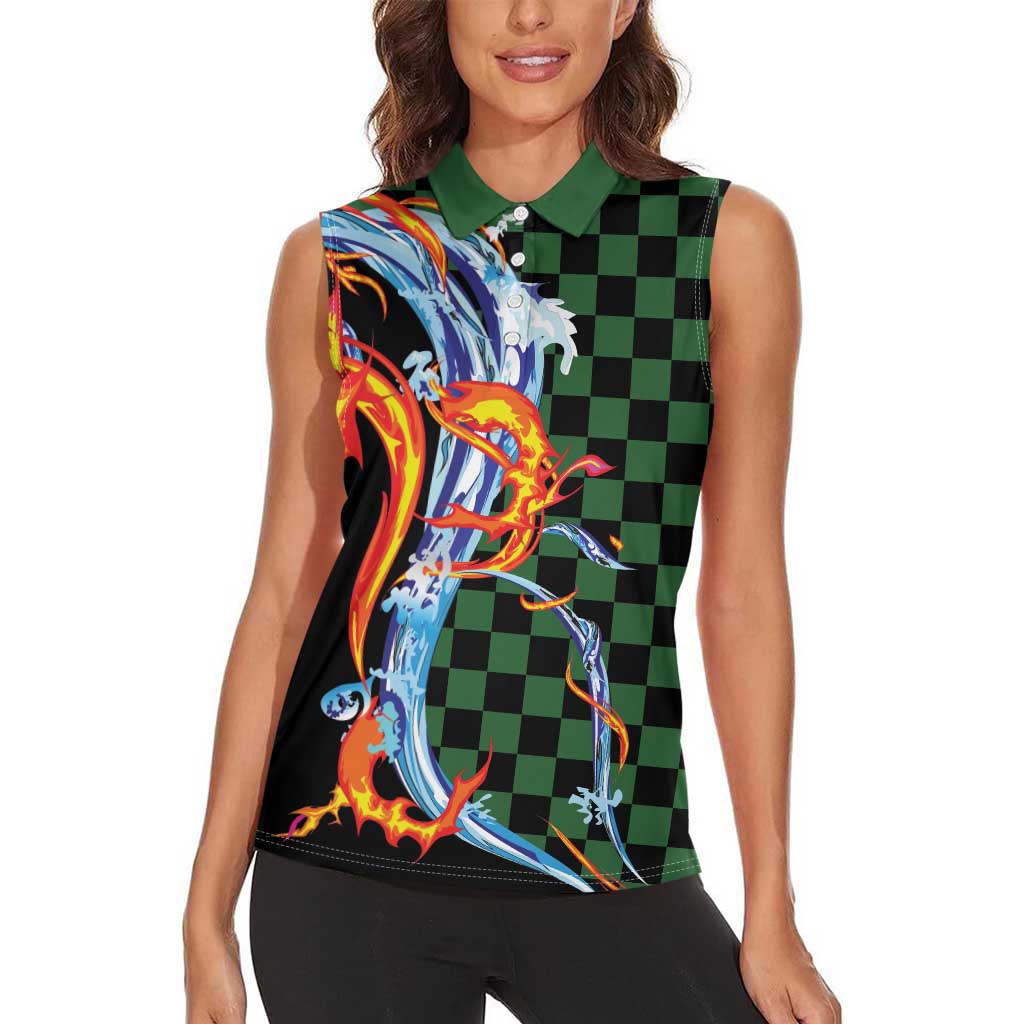 Japanese Asanoha Pattern Women Sleeveless Polo Shirt Sun Flame Slayer Dragon Hinokami Kagura Spirit - Wonder Print Shop