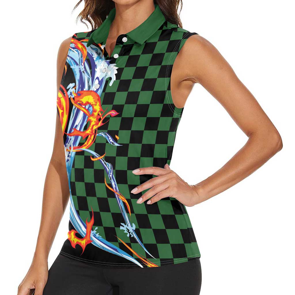 Japanese Asanoha Pattern Women Sleeveless Polo Shirt Sun Flame Slayer Dragon Hinokami Kagura Spirit - Wonder Print Shop