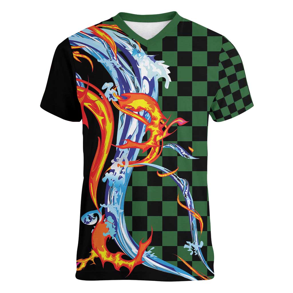 Japanese Asanoha Pattern Women V-Neck T-Shirt Sun Flame Slayer Dragon Hinokami Kagura Spirit - Wonder Print Shop