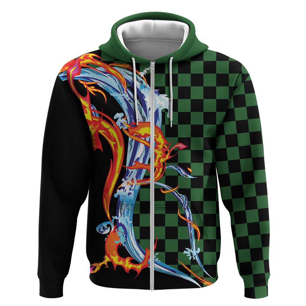 Japanese Asanoha Pattern Zip Hoodie Sun Flame Slayer Dragon Hinokami Kagura Spirit - Wonder Print Shop