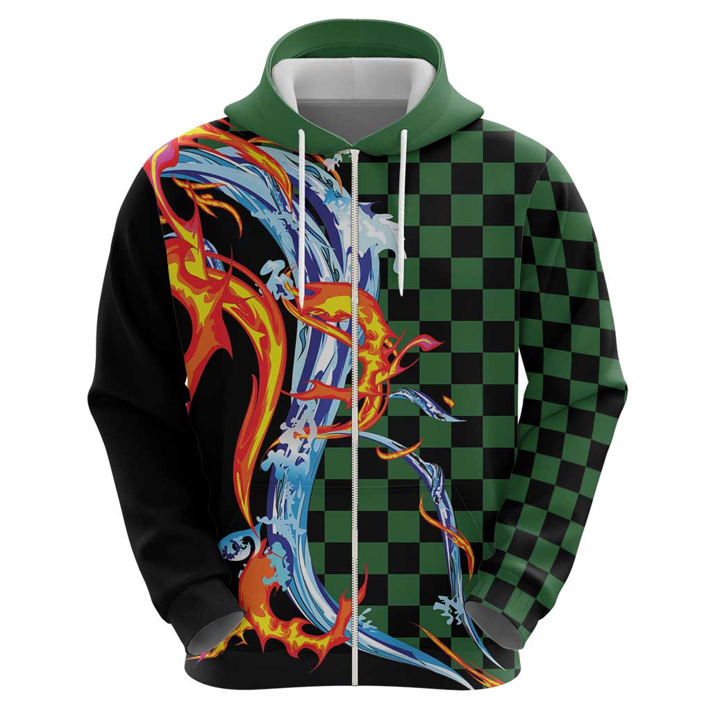 Japanese Asanoha Pattern Zip Hoodie Sun Flame Slayer Dragon Hinokami Kagura Spirit - Wonder Print Shop