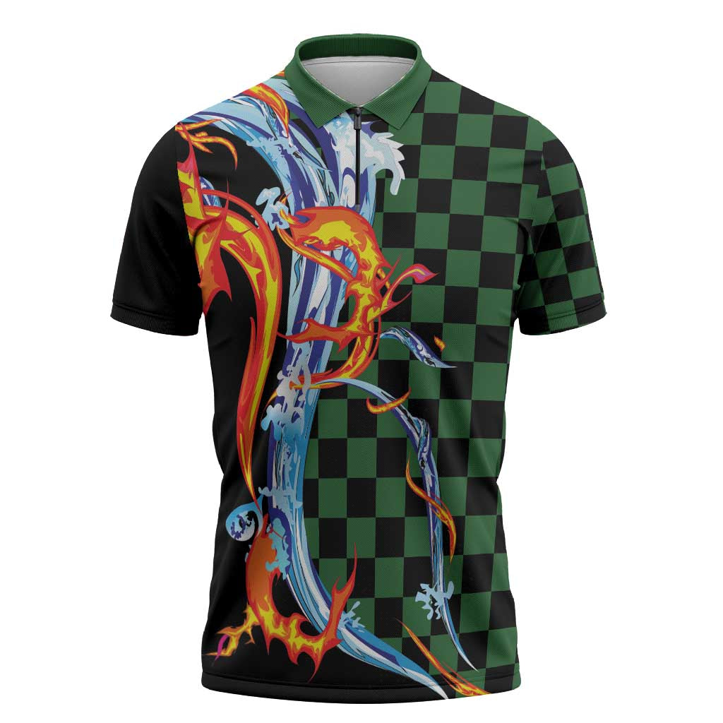 Japanese Asanoha Pattern Zipper Polo Shirt Sun Flame Slayer Dragon Hinokami Kagura Spirit - Wonder Print Shop