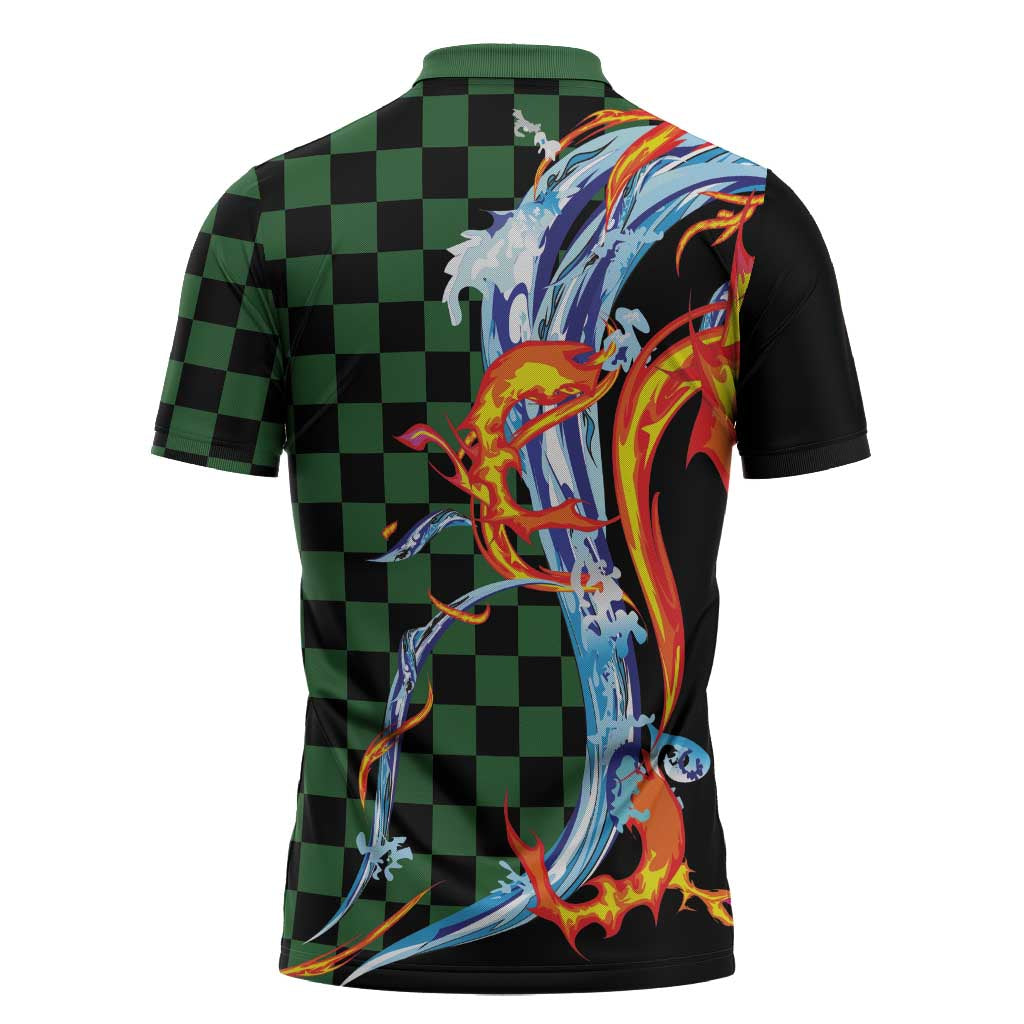 Japanese Asanoha Pattern Zipper Polo Shirt Sun Flame Slayer Dragon Hinokami Kagura Spirit - Wonder Print Shop