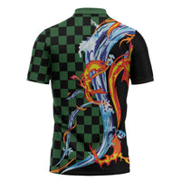 Japanese Asanoha Pattern Zipper Polo Shirt Sun Flame Slayer Dragon Hinokami Kagura Spirit - Wonder Print Shop
