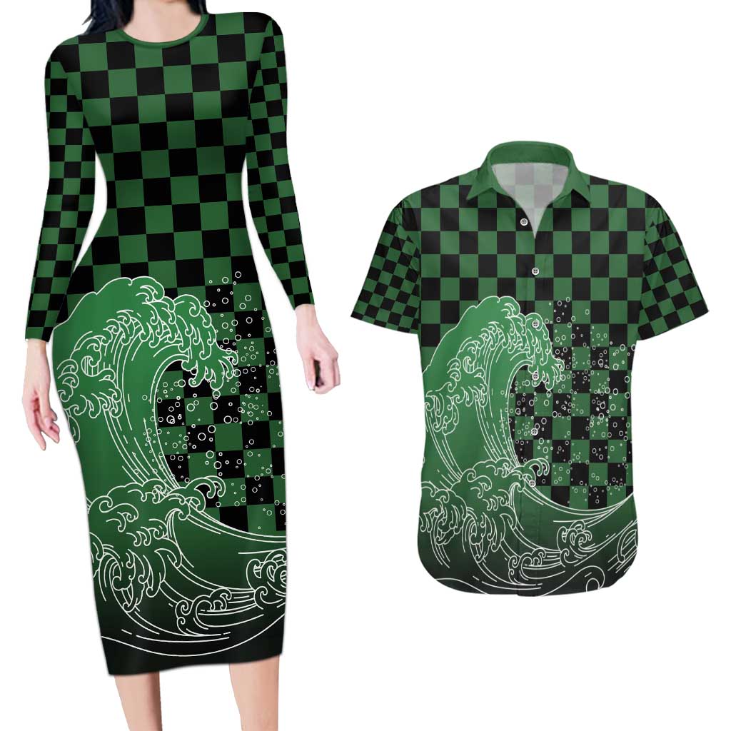 Japanese Asanoha Pattern Couples Matching Long Sleeve Bodycon Dress and Hawaiian Shirt Water Breathing Slayer Dragon - Wonder Print Shop