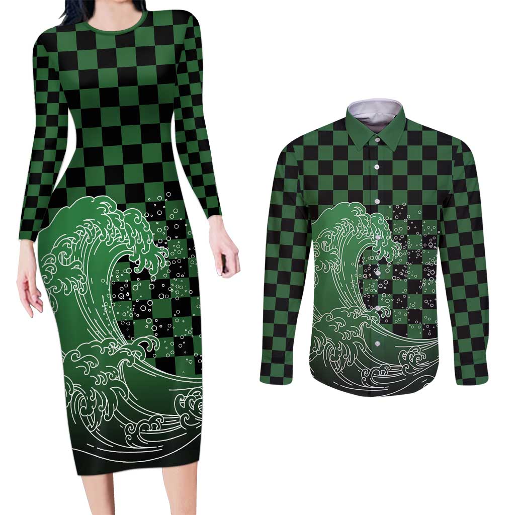 Japanese Asanoha Pattern Couples Matching Long Sleeve Bodycon Dress and Long Sleeve Button Shirt Water Breathing Slayer Dragon - Wonder Print Shop
