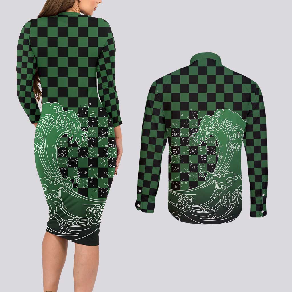 Japanese Asanoha Pattern Couples Matching Long Sleeve Bodycon Dress and Long Sleeve Button Shirt Water Breathing Slayer Dragon - Wonder Print Shop