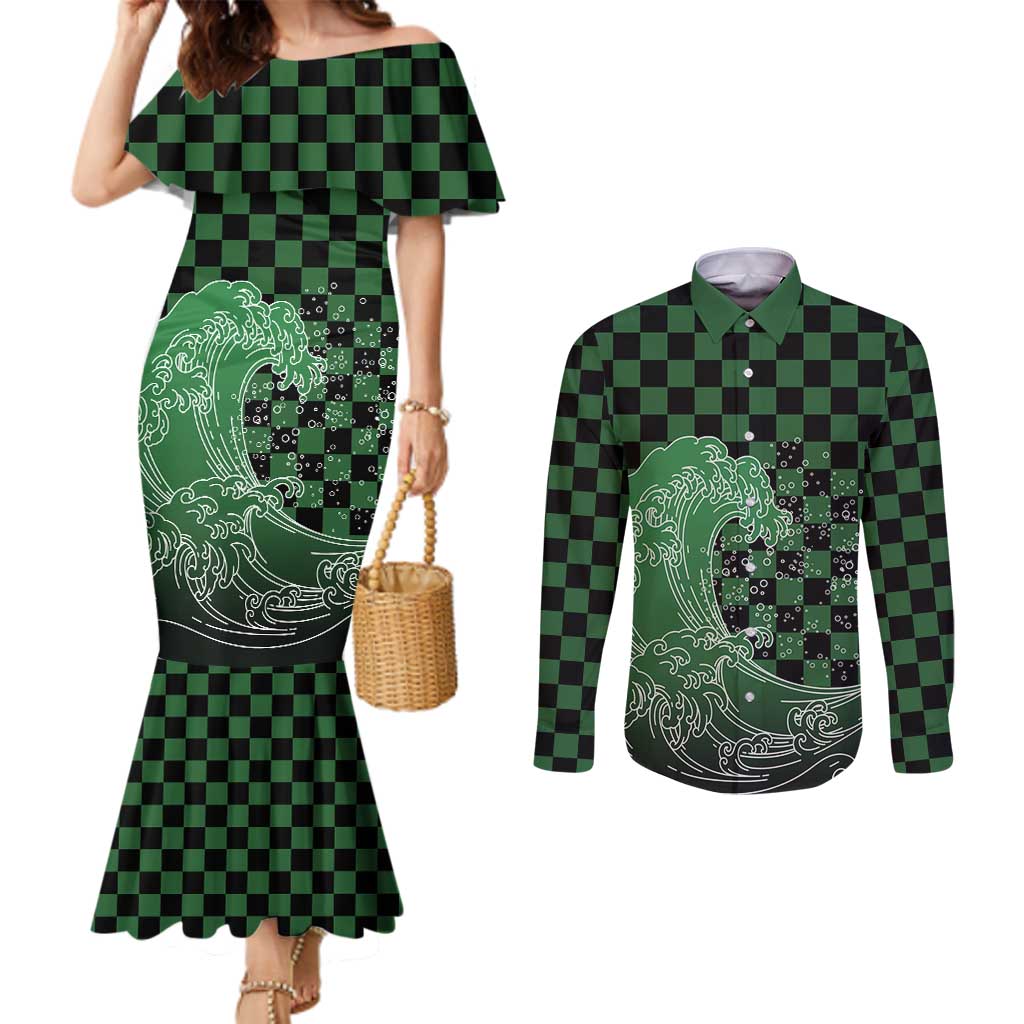 Japanese Asanoha Pattern Couples Matching Mermaid Dress and Long Sleeve Button Shirt Water Breathing Slayer Dragon - Wonder Print Shop