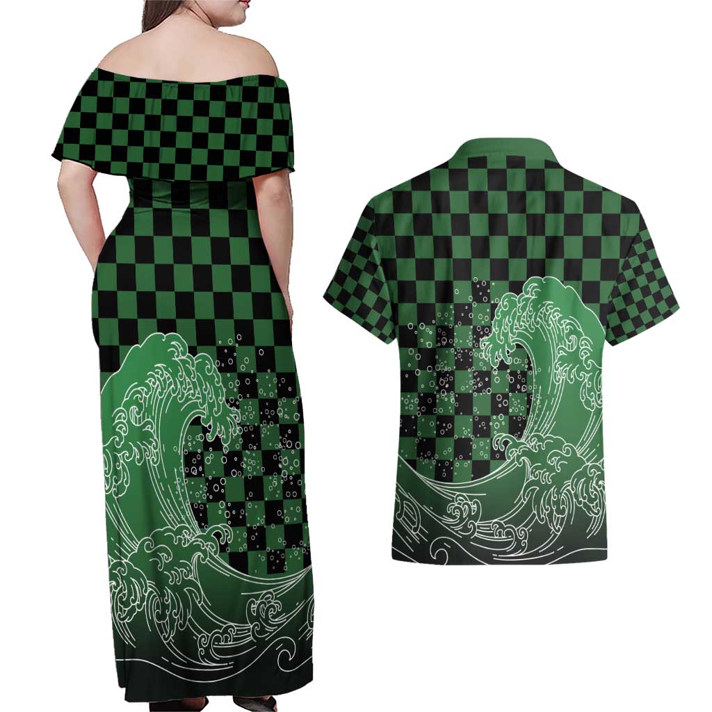 Japanese Asanoha Pattern Couples Matching Off Shoulder Maxi Dress and Hawaiian Shirt Water Breathing Slayer Dragon - Wonder Print Shop