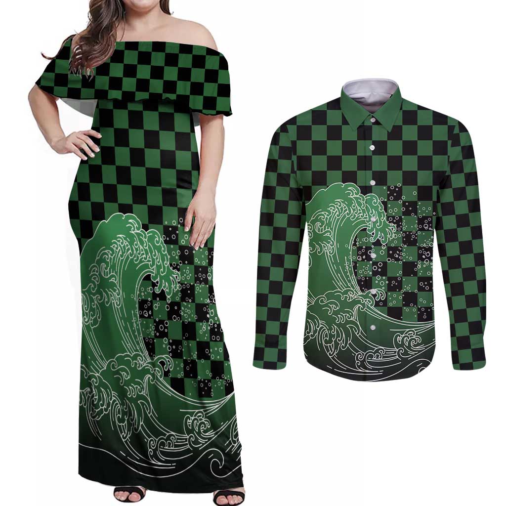 Japanese Asanoha Pattern Couples Matching Off Shoulder Maxi Dress and Long Sleeve Button Shirt Water Breathing Slayer Dragon - Wonder Print Shop
