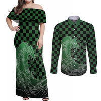 Japanese Asanoha Pattern Couples Matching Off Shoulder Maxi Dress and Long Sleeve Button Shirt Water Breathing Slayer Dragon - Wonder Print Shop
