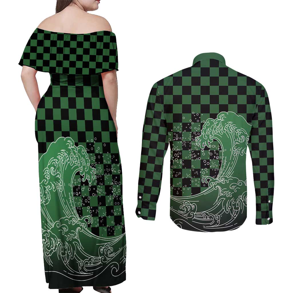Japanese Asanoha Pattern Couples Matching Off Shoulder Maxi Dress and Long Sleeve Button Shirt Water Breathing Slayer Dragon - Wonder Print Shop