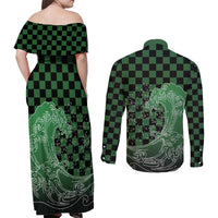 Japanese Asanoha Pattern Couples Matching Off Shoulder Maxi Dress and Long Sleeve Button Shirt Water Breathing Slayer Dragon - Wonder Print Shop