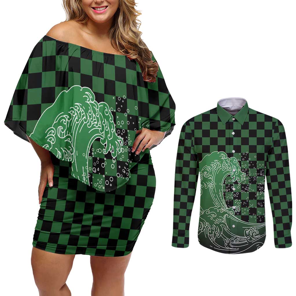 Japanese Asanoha Pattern Couples Matching Off Shoulder Short Dress and Long Sleeve Button Shirt Water Breathing Slayer Dragon - Wonder Print Shop