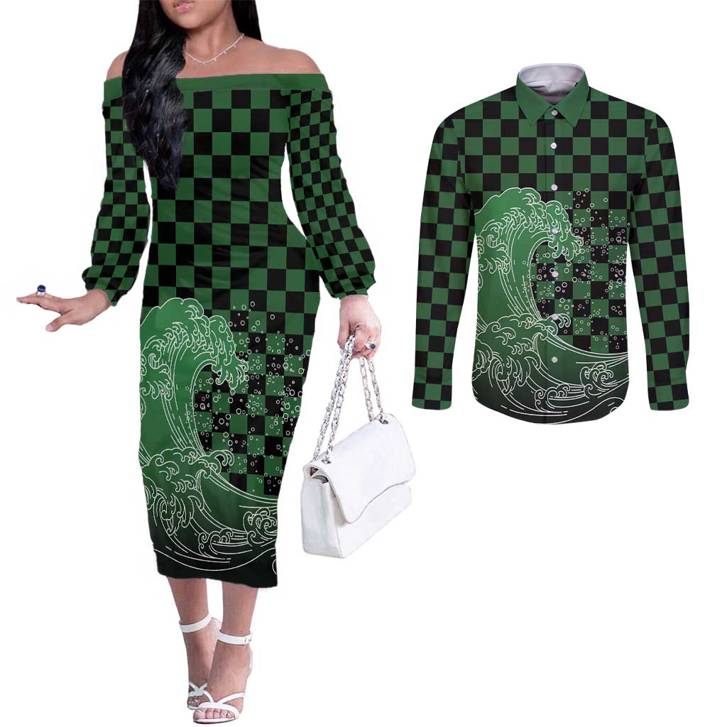 Japanese Asanoha Pattern Couples Matching Off The Shoulder Long Sleeve Dress and Long Sleeve Button Shirt Water Breathing Slayer Dragon - Wonder Print Shop