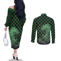 Japanese Asanoha Pattern Couples Matching Off The Shoulder Long Sleeve Dress and Long Sleeve Button Shirt Water Breathing Slayer Dragon - Wonder Print Shop