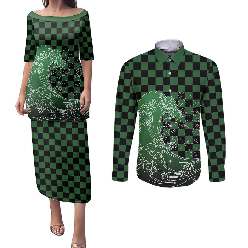 Japanese Asanoha Pattern Couples Matching Puletasi and Long Sleeve Button Shirt Water Breathing Slayer Dragon - Wonder Print Shop