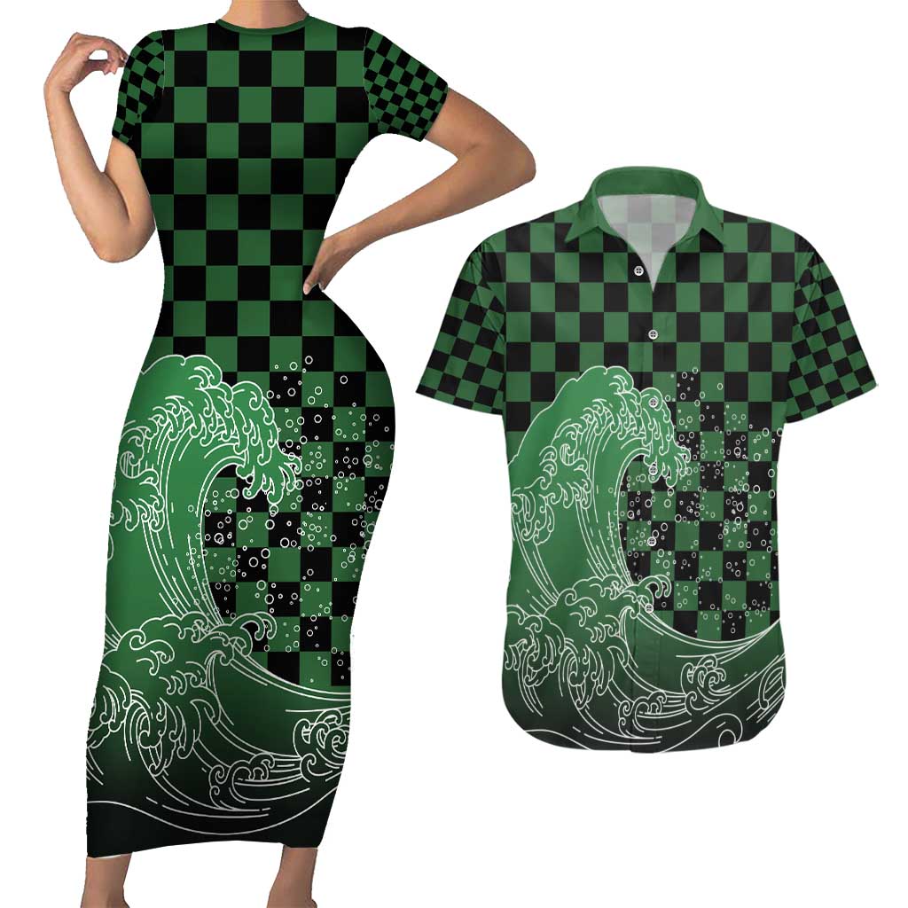 Japanese Asanoha Pattern Couples Matching Short Sleeve Bodycon Dress and Hawaiian Shirt Water Breathing Slayer Dragon - Wonder Print Shop