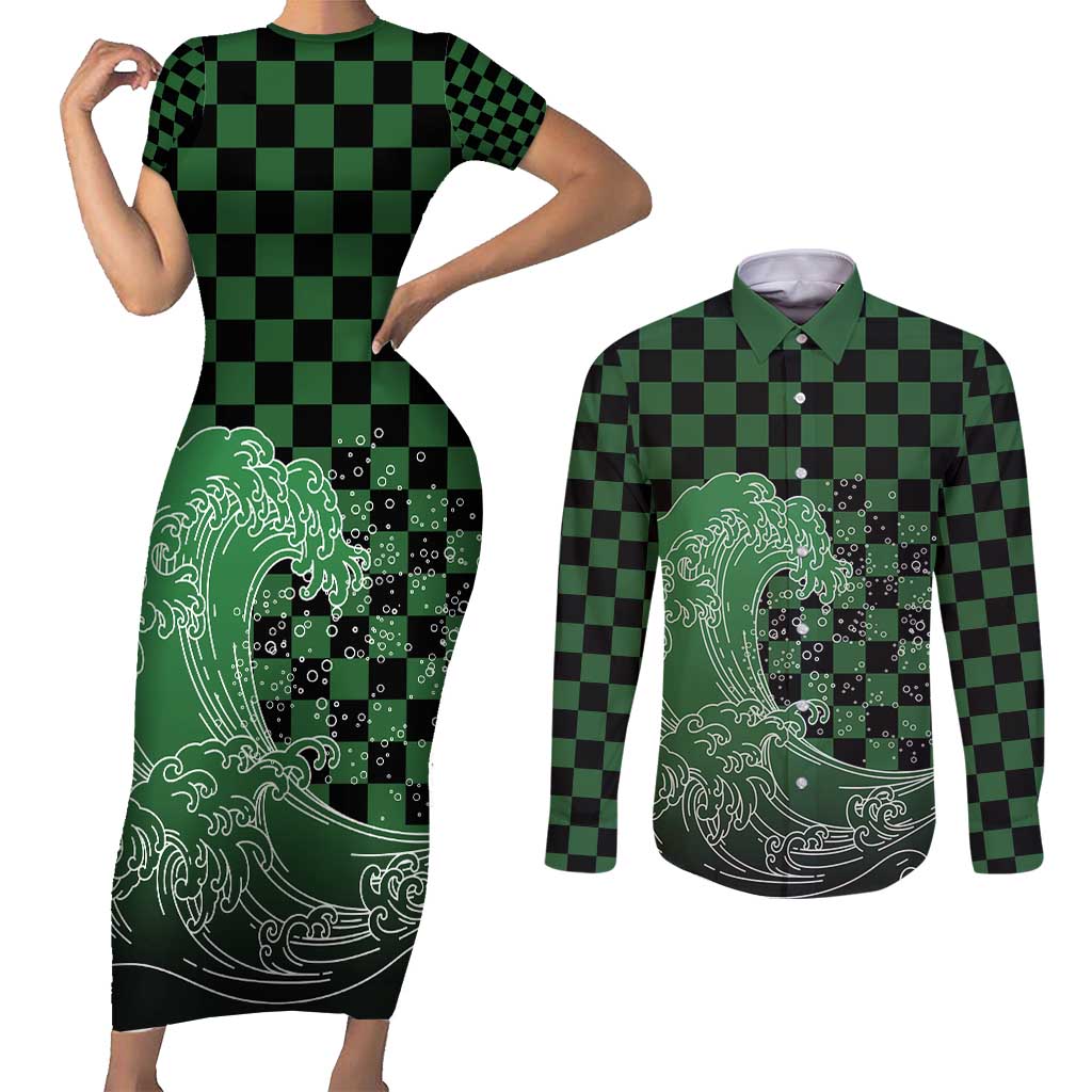 Japanese Asanoha Pattern Couples Matching Short Sleeve Bodycon Dress and Long Sleeve Button Shirt Water Breathing Slayer Dragon - Wonder Print Shop