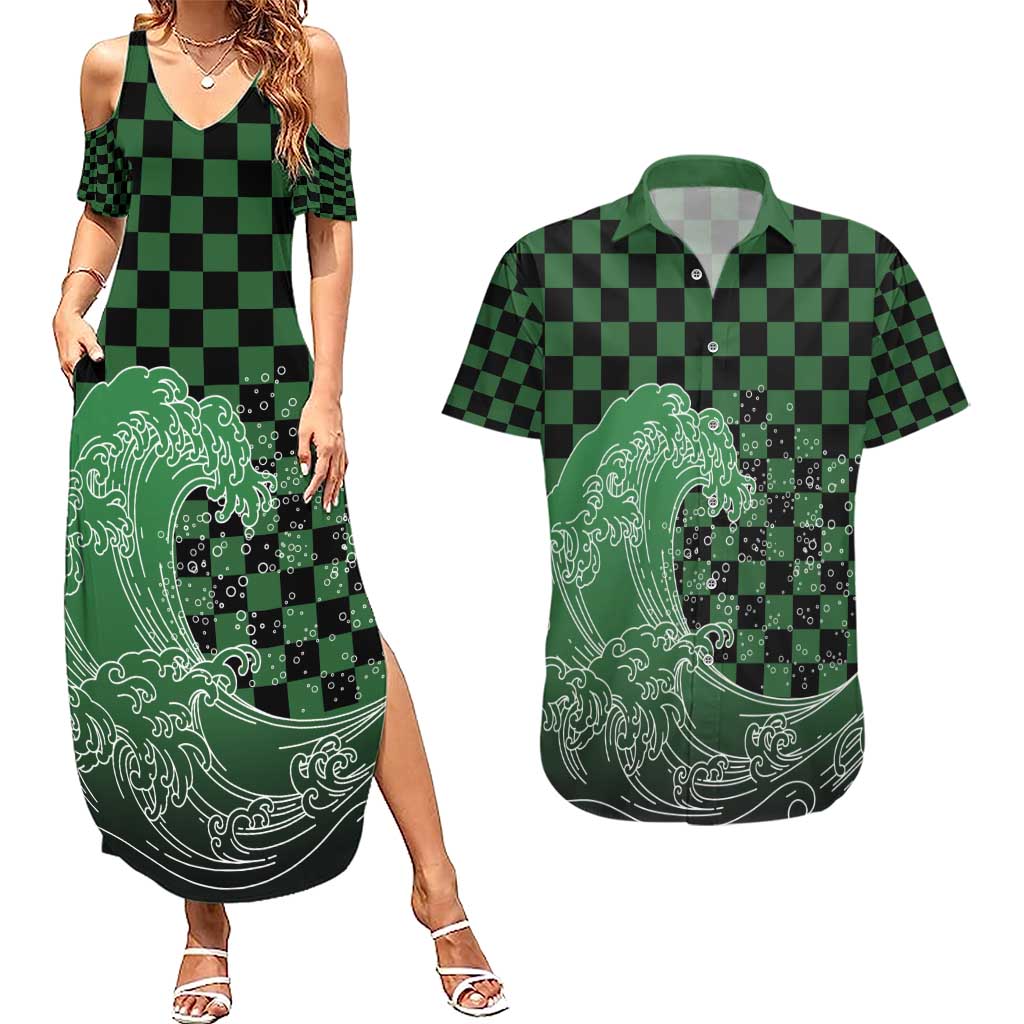 Japanese Asanoha Pattern Couples Matching Summer Maxi Dress and Hawaiian Shirt Water Breathing Slayer Dragon - Wonder Print Shop