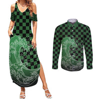 Japanese Asanoha Pattern Couples Matching Summer Maxi Dress and Long Sleeve Button Shirt Water Breathing Slayer Dragon - Wonder Print Shop