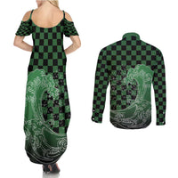 Japanese Asanoha Pattern Couples Matching Summer Maxi Dress and Long Sleeve Button Shirt Water Breathing Slayer Dragon - Wonder Print Shop