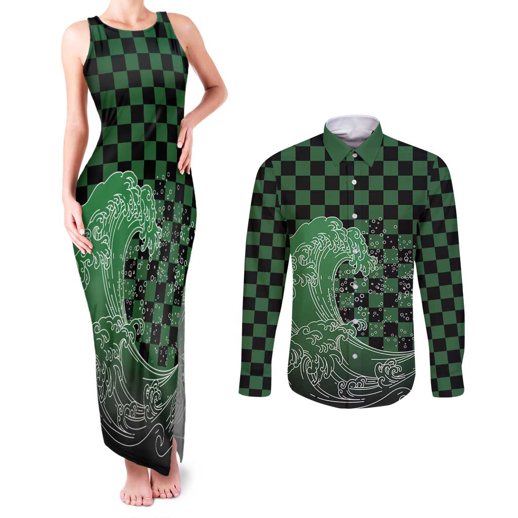 Japanese Asanoha Pattern Couples Matching Tank Maxi Dress and Long Sleeve Button Shirt Water Breathing Slayer Dragon - Wonder Print Shop