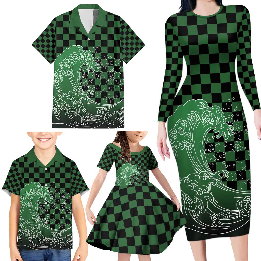Japanese Asanoha Pattern Family Matching Long Sleeve Bodycon Dress and Hawaiian Shirt Water Breathing Slayer Dragon - Wonder Print Shop