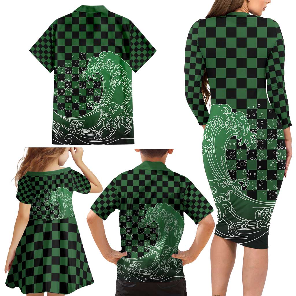 Japanese Asanoha Pattern Family Matching Long Sleeve Bodycon Dress and Hawaiian Shirt Water Breathing Slayer Dragon - Wonder Print Shop
