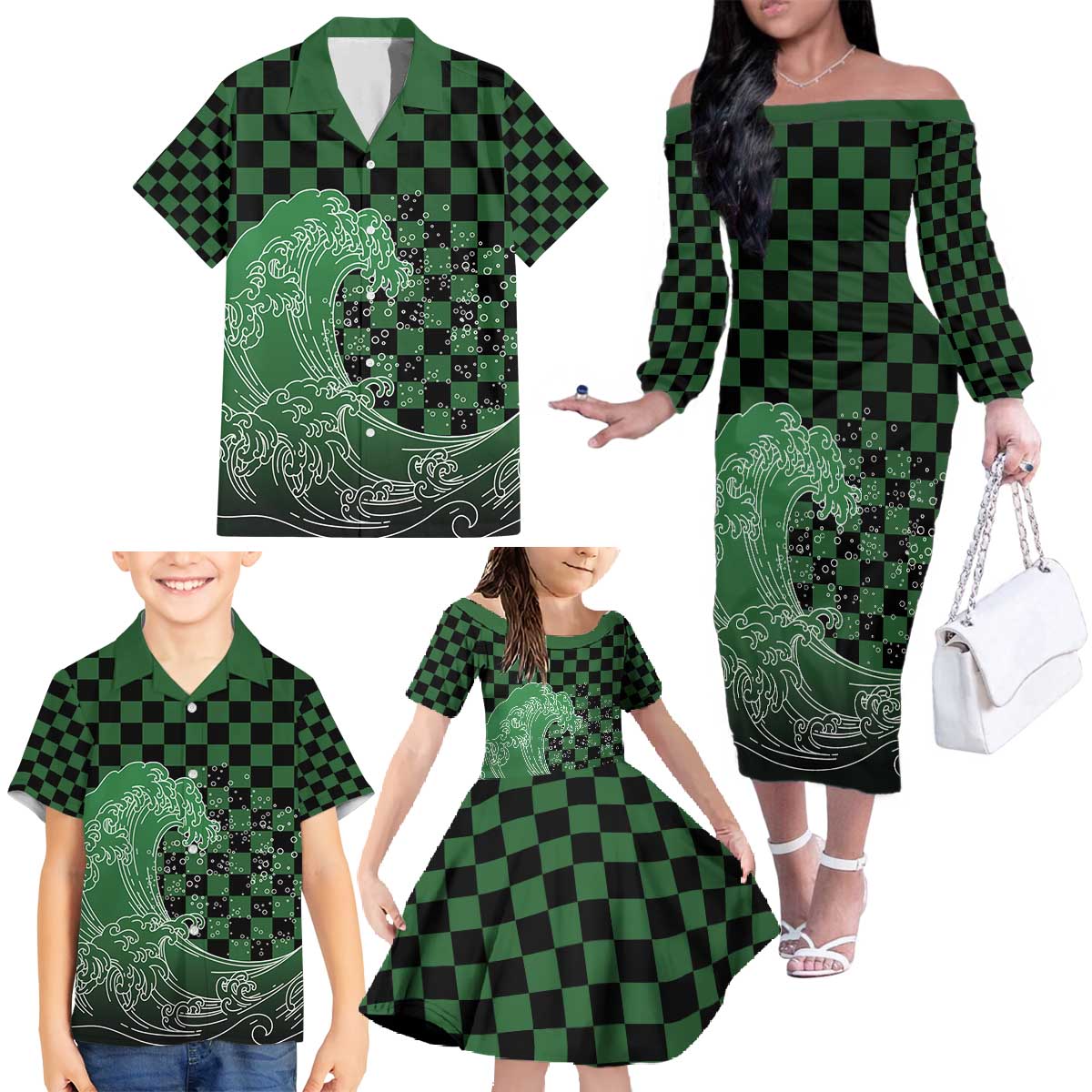 Japanese Asanoha Pattern Family Matching Off The Shoulder Long Sleeve Dress and Hawaiian Shirt Water Breathing Slayer Dragon - Wonder Print Shop