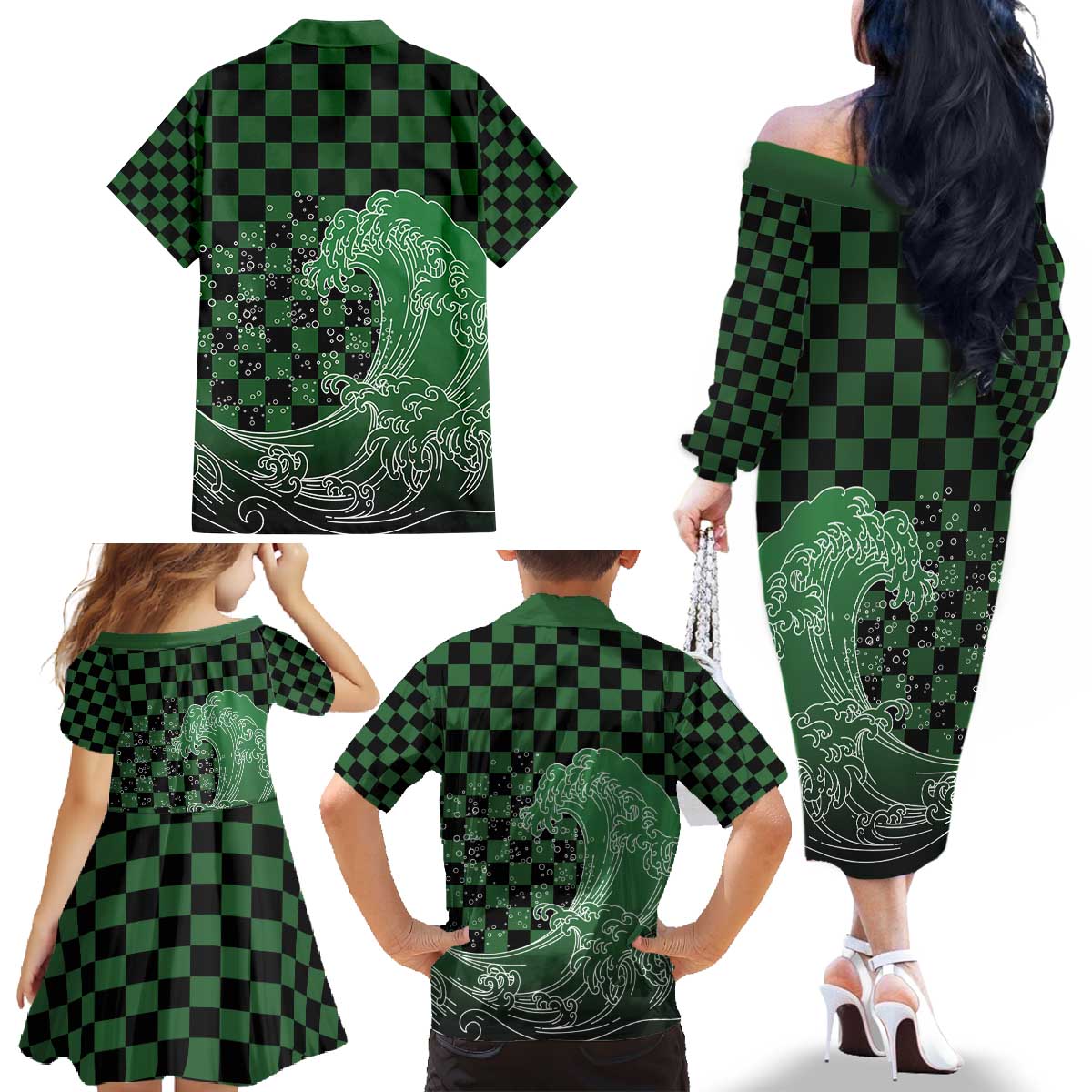 Japanese Asanoha Pattern Family Matching Off The Shoulder Long Sleeve Dress and Hawaiian Shirt Water Breathing Slayer Dragon - Wonder Print Shop