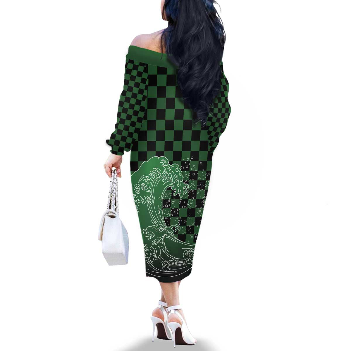 Japanese Asanoha Pattern Family Matching Off The Shoulder Long Sleeve Dress and Hawaiian Shirt Water Breathing Slayer Dragon - Wonder Print Shop