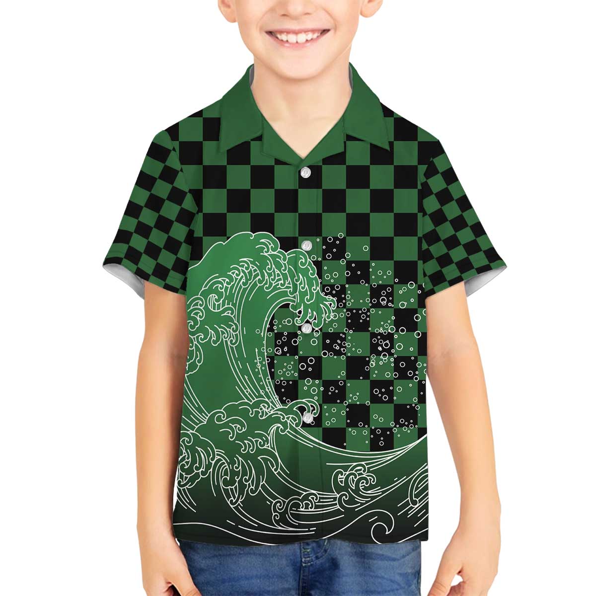 Japanese Asanoha Pattern Family Matching Off The Shoulder Long Sleeve Dress and Hawaiian Shirt Water Breathing Slayer Dragon - Wonder Print Shop
