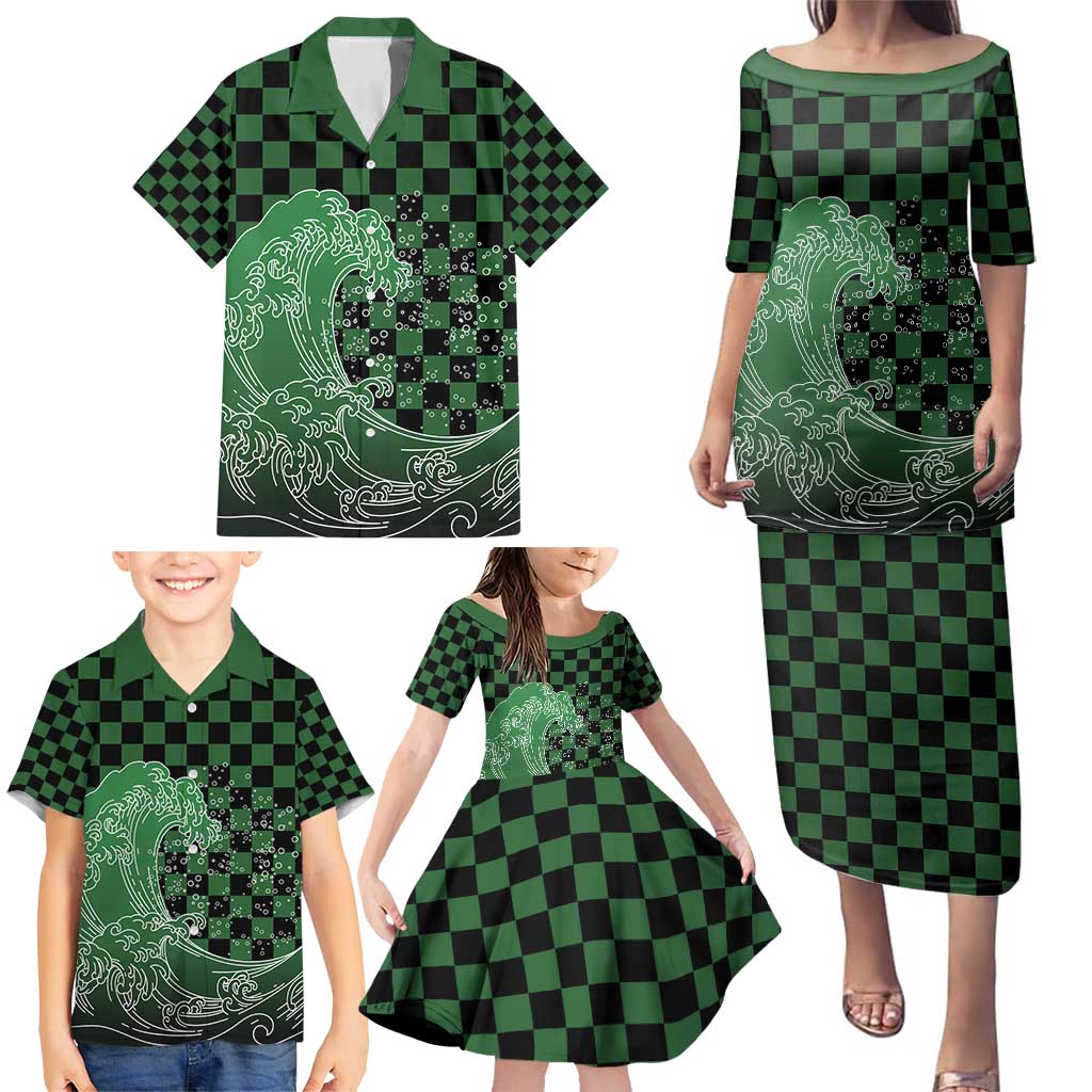 Japanese Asanoha Pattern Family Matching Puletasi and Hawaiian Shirt Water Breathing Slayer Dragon - Wonder Print Shop