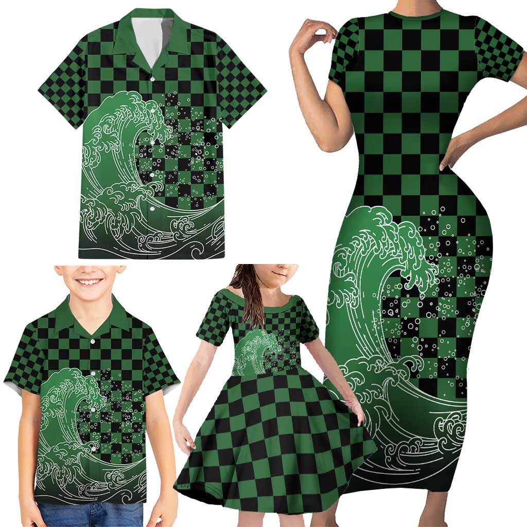 Japanese Asanoha Pattern Family Matching Short Sleeve Bodycon Dress and Hawaiian Shirt Water Breathing Slayer Dragon - Wonder Print Shop