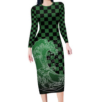 Japanese Asanoha Pattern Long Sleeve Bodycon Dress Water Breathing Slayer Dragon - Wonder Print Shop