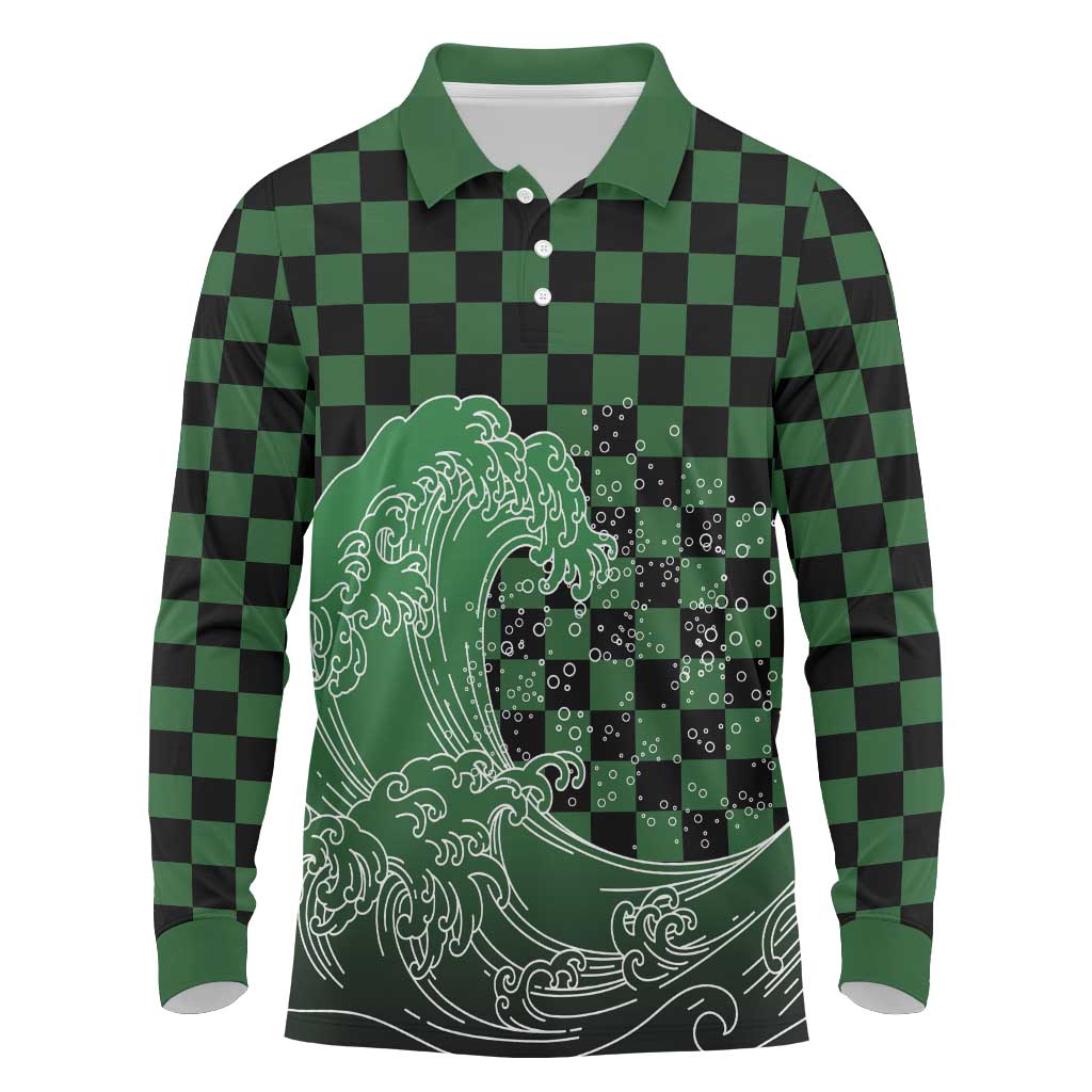 Japanese Asanoha Pattern Long Sleeve Polo Shirt Water Breathing Slayer Dragon - Wonder Print Shop
