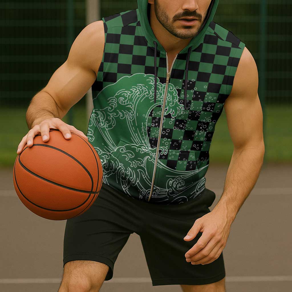 Japanese Asanoha Pattern Sleeveless Zip Hoodie Water Breathing Slayer Dragon - Wonder Print Shop