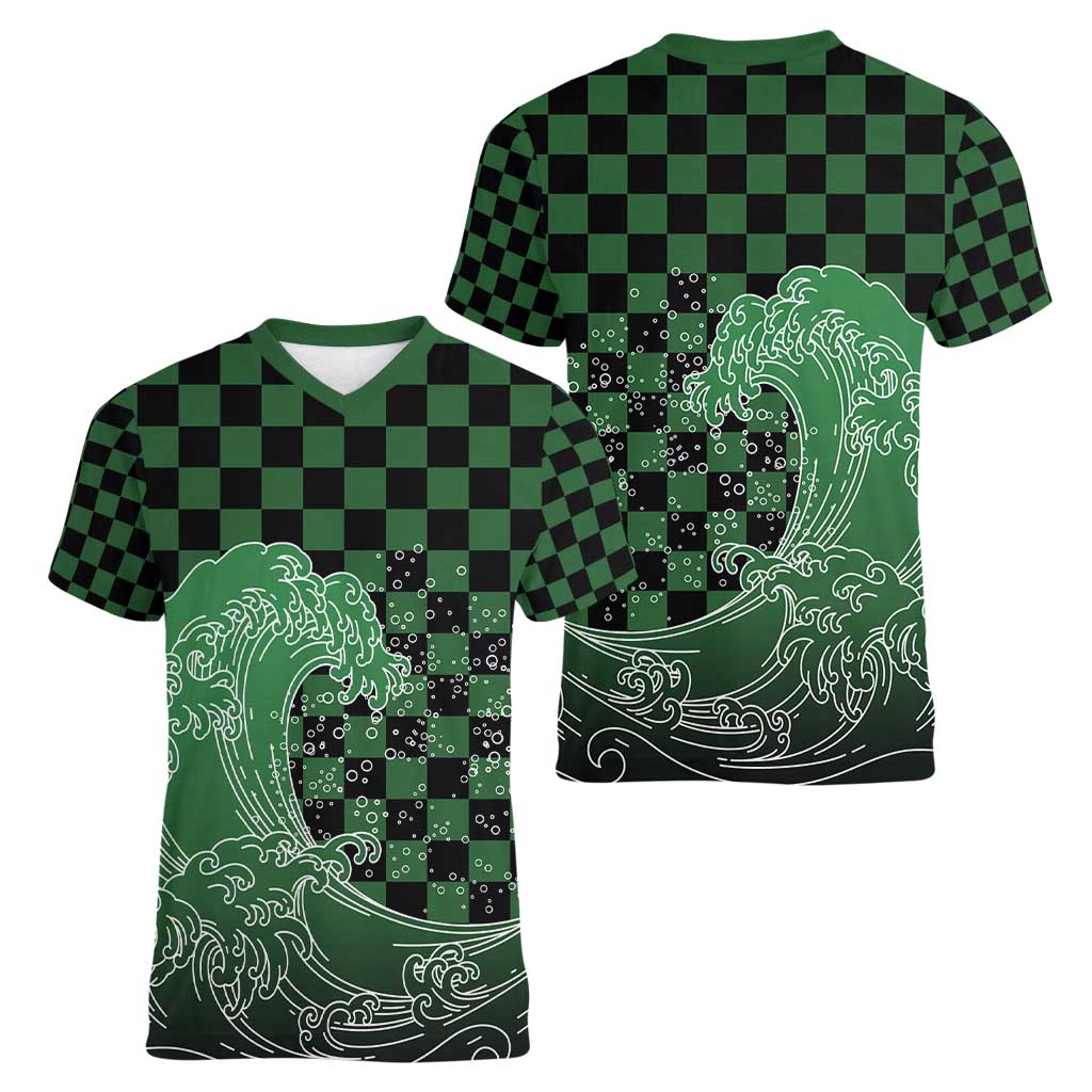 Japanese Asanoha Pattern Women V-Neck T-Shirt Water Breathing Slayer Dragon - Wonder Print Shop