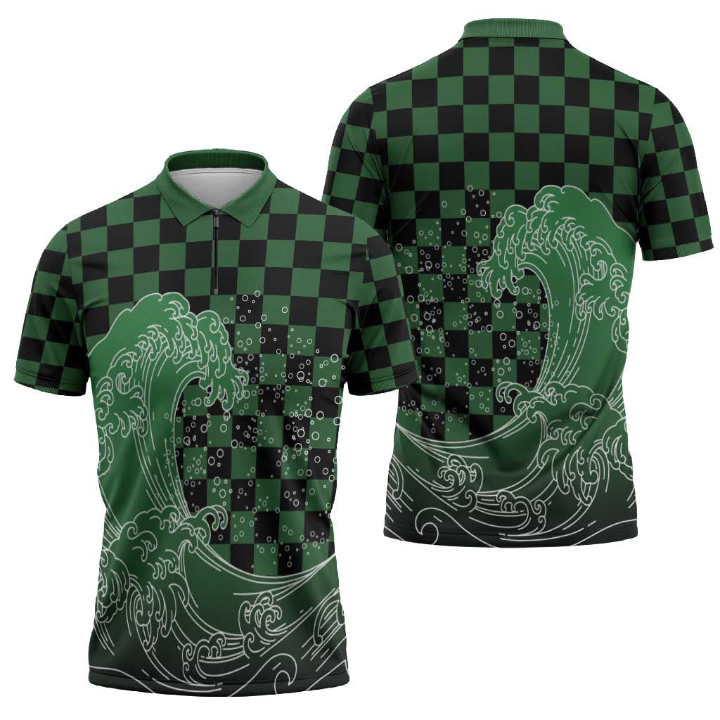 Japanese Asanoha Pattern Zipper Polo Shirt Water Breathing Slayer Dragon - Wonder Print Shop